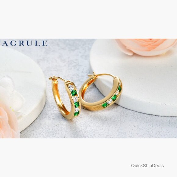 Sterling Silver or 14K Gold Plated Chunky Hoop Earrings with CZ Stones - Picture 7 of 7